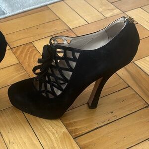 Prada Black Lace Suede Bootie Heels size 38 1/2